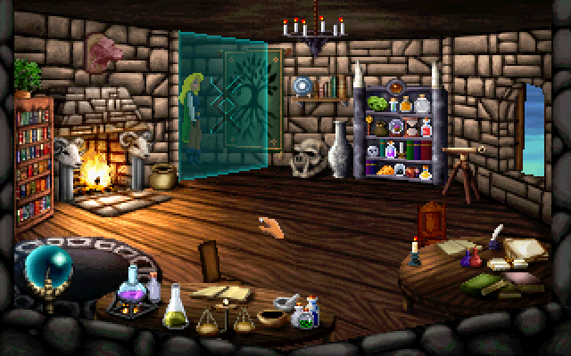 Heroine's Quest: The Herald of Ragnarok (Windows) screenshot: As befits a magician, Aurvandel locks his workshop magically when he leaves.