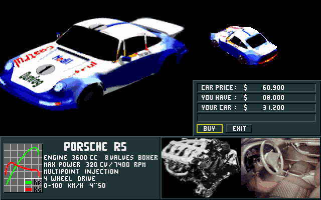 Rally Championships (DOS) screenshot: Buying a new car.