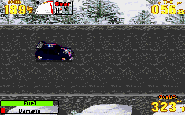 Rally Championships (DOS) screenshot: Crossing an icy bridge.
