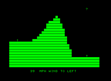Artillery (Commodore PET/CBM) screenshot: In this generated level the players have to shoot over a steep mountain