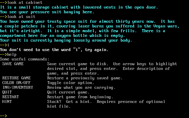 Solus (DOS) screenshot: Game commands