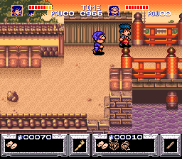 The Legend of the Mystical Ninja (SNES) screenshot: 2-player in the village (zone 2)