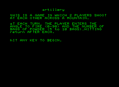Artillery (Commodore PET/CBM) screenshot: Game instructions
