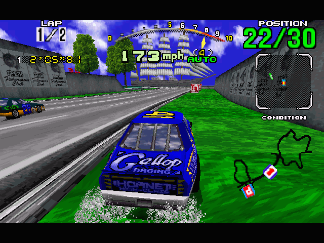 Daytona USA (Windows) screenshot: The scenery is not only colorful but varied; here we have a sailing ship in harbor.