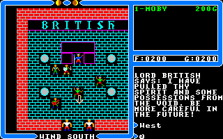 Ultima IV: Quest of the Avatar (Amiga) screenshot: I succumbed to the poison and died, but thankfully Lord British has brought me back from the void.