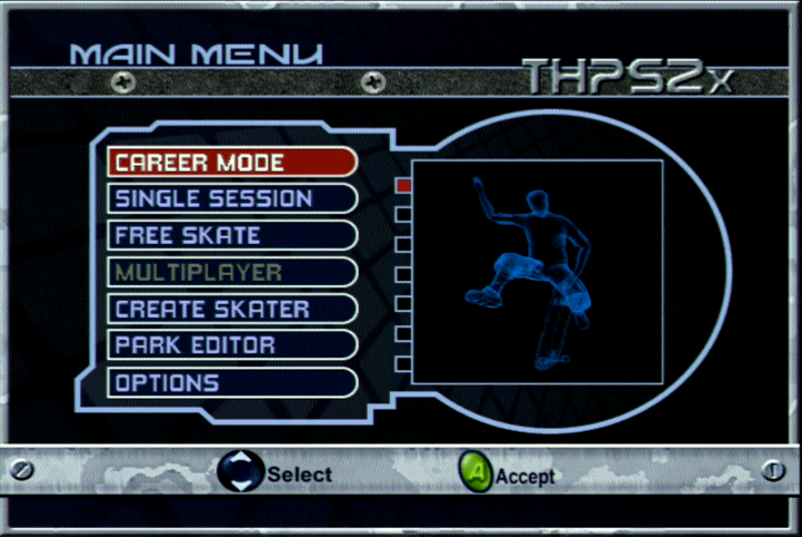 Tony Hawk's Pro Skater 2x (Xbox) screenshot: Main menu