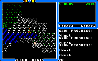 Ultima IV: Quest of the Avatar (Amiga) screenshot: Traveling through a mountain pass. Rough terrain such as hills and forests take slow your movement.