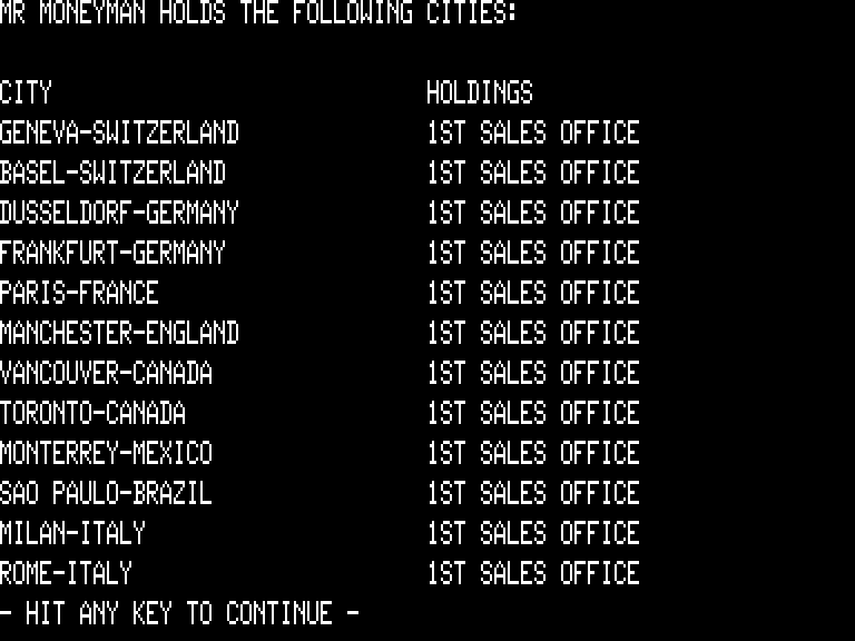 Computer Foreign Exchange (TRS-80) screenshot: Showing cities