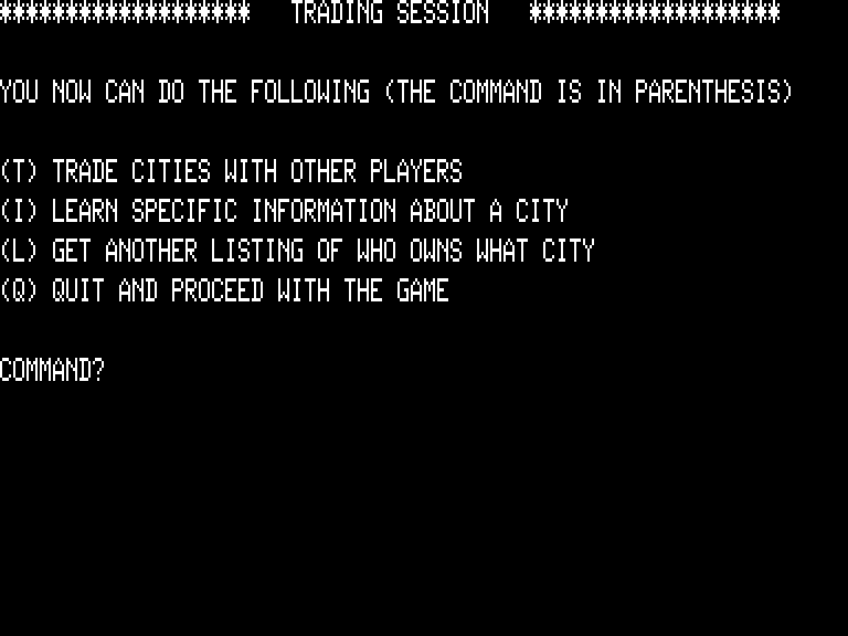 Computer Foreign Exchange (TRS-80) screenshot: Trading options