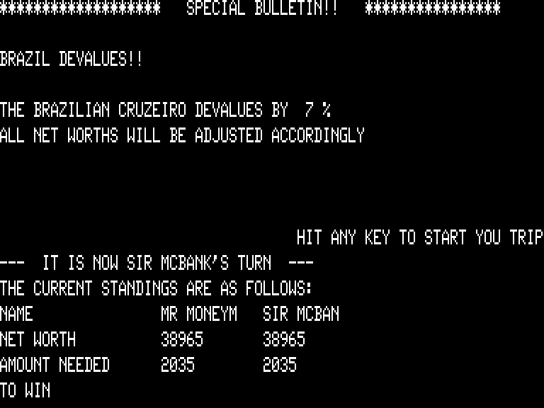 Computer Foreign Exchange (TRS-80) screenshot: Special bulletin!