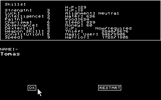 The Dark Wars (Atari ST) screenshot: Character creation: will these stats do or should I try again?