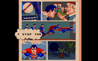 Superman: The Man of Steel (Atari ST) screenshot: Comics describe the story between missions