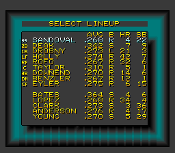 Relief Pitcher (SNES) screenshot: Select the lineup