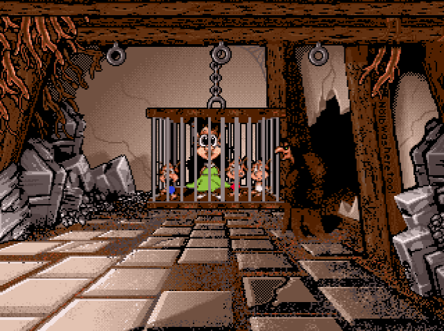 Hugo (DOS) screenshot: Each minigame starts with a scene where the witch is gloating over Hugo's family being her prisoners, and taunting the player.