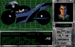Black Viper (Amiga CD32) screenshot: This is the shop screen, where I can upgrade my bike.
