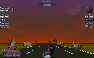 Black Viper (Amiga CD32) screenshot: Speeding through the post apocalyptic scenery.