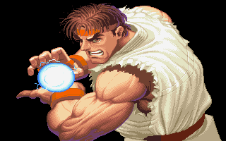 Super Street Fighter II Turbo (Amiga CD32) screenshot: From the intro: Ryu blowing stuff up.