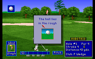 PGA European Tour (Amiga CD32) screenshot: A window pops up to inform me on what kind of ground the ball came to rest.