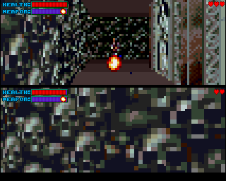 Gloom (Amiga CD32) screenshot: Two player split screen action.
