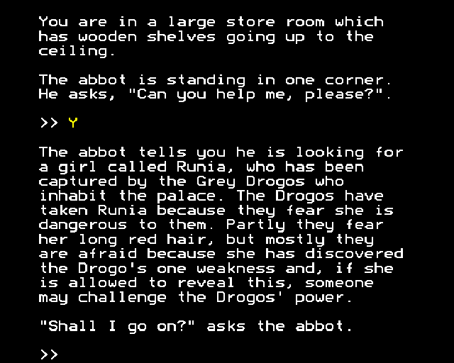 L: A Mathemagical Adventure (BBC Micro) screenshot: Talking to the abbot