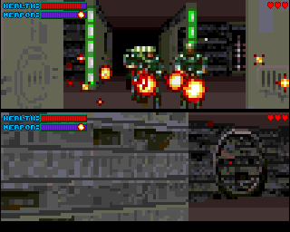 Gloom (Amiga CD32) screenshot: Playing Gloom in coop mode.