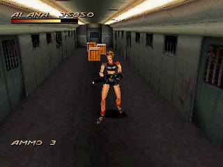 Fighting Force (PlayStation) screenshot: Crates contain various items, like health or weapon