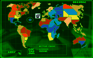 Syndicate (Amiga CD32) screenshot: The colours for each territory on the map show the syndicate affiliation.