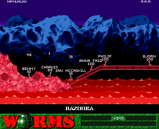 Worms (Amiga CD32) screenshot: Battling it out on Mars.