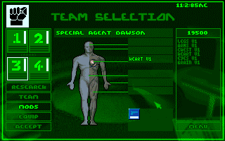 Syndicate (Amiga CD32) screenshot: Equipping my squad.