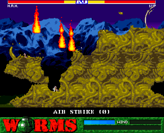 Worms (Amiga CD32) screenshot: Incoming airstrike, seek shelter!