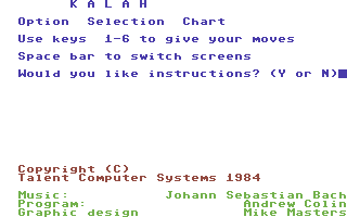 Kalah (Commodore 64) screenshot: Options screen