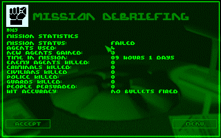 Syndicate (Amiga CD32) screenshot: Mission debriefing screen.