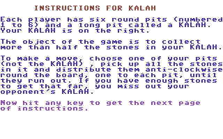 Kalah (Commodore 64) screenshot: Instructions, page 1