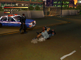 Fighting Force (PlayStation) screenshot: Hawk doing a slide attack, which is standard for all character