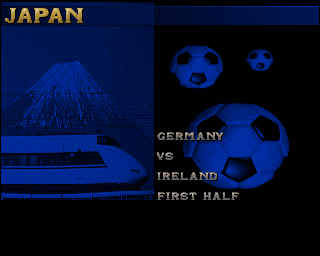 Soccer Superstars (Amiga CD32) screenshot: Ah, Japan. Consisting only of Mt Fuji and Bullet Trains.