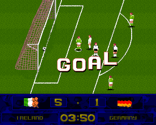 Soccer Superstars (Amiga CD32) screenshot: The Germans don't seem to be too happy about their first goal.