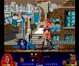 Dangerous Streets (Amiga CD32) screenshot: The portraits at the bottom reflect the character's health status.