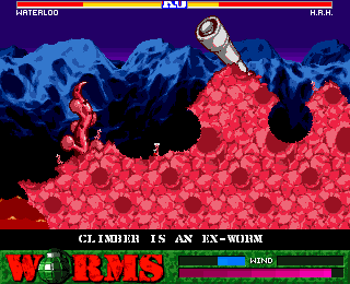 Worms (Amiga CD32) screenshot: After a while, the landscape becomes cratered.