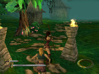 Xena: Warrior Princess (PlayStation) screenshot: Amazon village, after saving Gabriel. The staff seems to be more effective against these bikini-clad women for some reason.