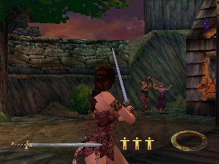 Xena: Warrior Princess (PlayStation) screenshot: This level requires you to save at least 4 villager. Coming too close and the pirate will kill the villager, so you have to use the chakram