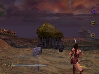Xena: Warrior Princess (PlayStation) screenshot: Even the first level contains a bit of hidden stuff. Kicking this cart sends it towards the ship