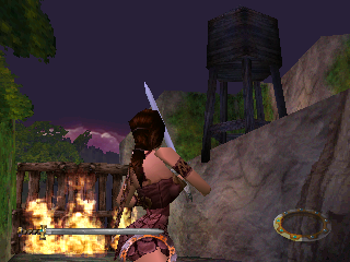 Xena: Warrior Princess (PlayStation) screenshot: To get to the other side of the gate, Xena must somehow put out the fire and break down the gate.