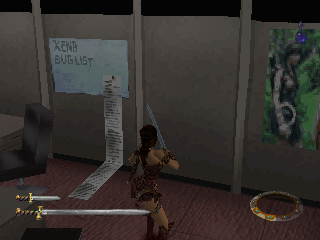 Xena: Warrior Princess (PlayStation) screenshot: An amusing easter egg: the developer's room, with a computer, packs of soft drinks, a few posters of the TV series and a very long bug list.