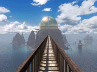 Riven: The Sequel to Myst (Windows Mobile) screenshot: Walking iron foot bridge from crater island to temple island - Great Golden Dome in distance