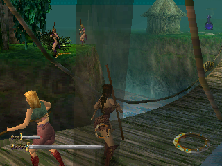 Xena: Warrior Princess (PlayStation) screenshot: Nice view from the bridge, except for the brain washed Amazons throwing boomerangs at us.