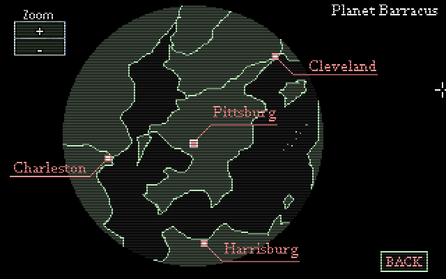 Gemini Rue (Windows) screenshot: A map of different cities. You can only visit Pittsburg though.
