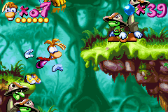 Rayman: 10th Anniversary (Game Boy Advance) screenshot: Could Rayman able to lose the balance in a full-enemy place? This is a bad time to it...