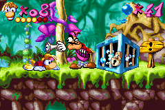 Rayman: 10th Anniversary (Game Boy Advance) screenshot: Before to free some Electoons, Rayman must escape successfully from Hunter's gun...
