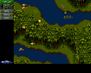 Cannon Fodder (Amiga CD32) screenshot: Wading through the water makes your soldiers slow down.