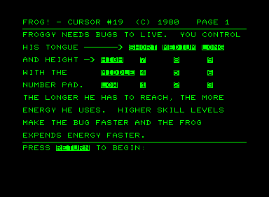 Frog! (Commodore PET/CBM) screenshot: Controls